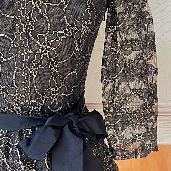 DKNY Metallic Lace Overlay V-Neck Dress With Sheer Sleeves - Picture 11 of 16